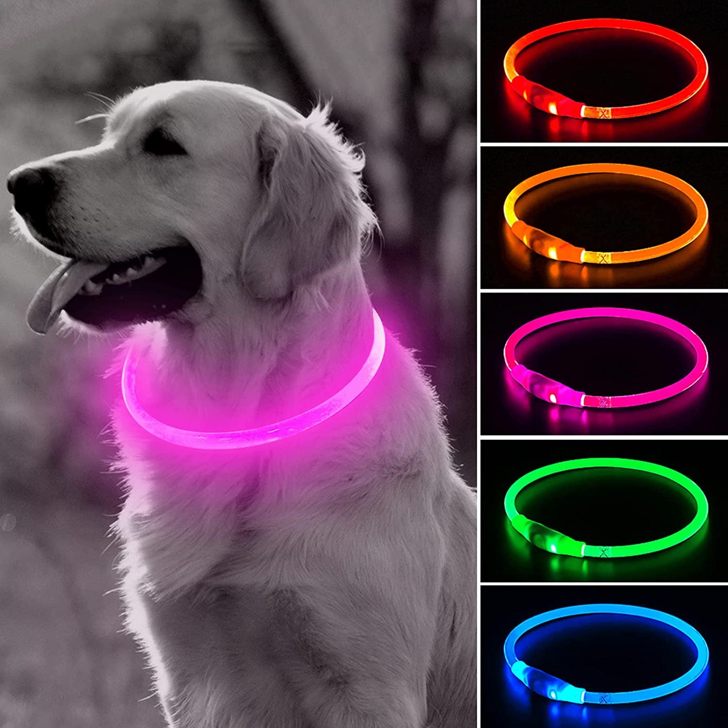 Light up Dog Collar, Rechargeable LED Puppy Collar Waterproof Glowing Pet Collar TPU Cuttable Lighted Dog Collar for Small Medium Large Dogs (Pink（70Cm）)