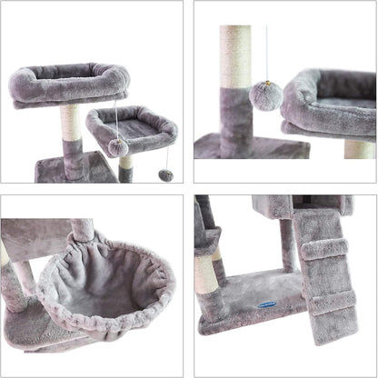 58'' Multi-Level Cat Tree Condo Furniture with Sisal-Covered Scratching Posts, 2 Plush Condos, Hammock for Kittens, Cats and Pets Light Gray MPJ013W