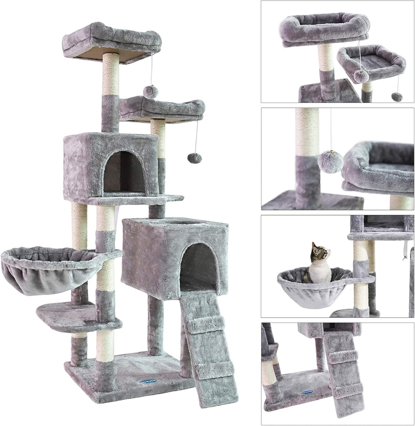 58'' Multi-Level Cat Tree Condo Furniture with Sisal-Covered Scratching Posts, 2 Plush Condos, Hammock for Kittens, Cats and Pets Light Gray MPJ013W