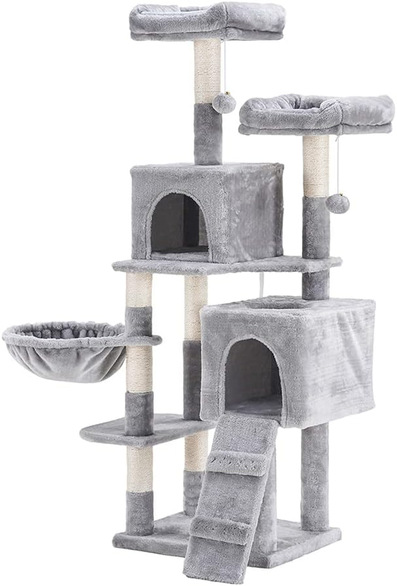 58'' Multi-Level Cat Tree Condo Furniture with Sisal-Covered Scratching Posts, 2 Plush Condos, Hammock for Kittens, Cats and Pets Light Gray MPJ013W