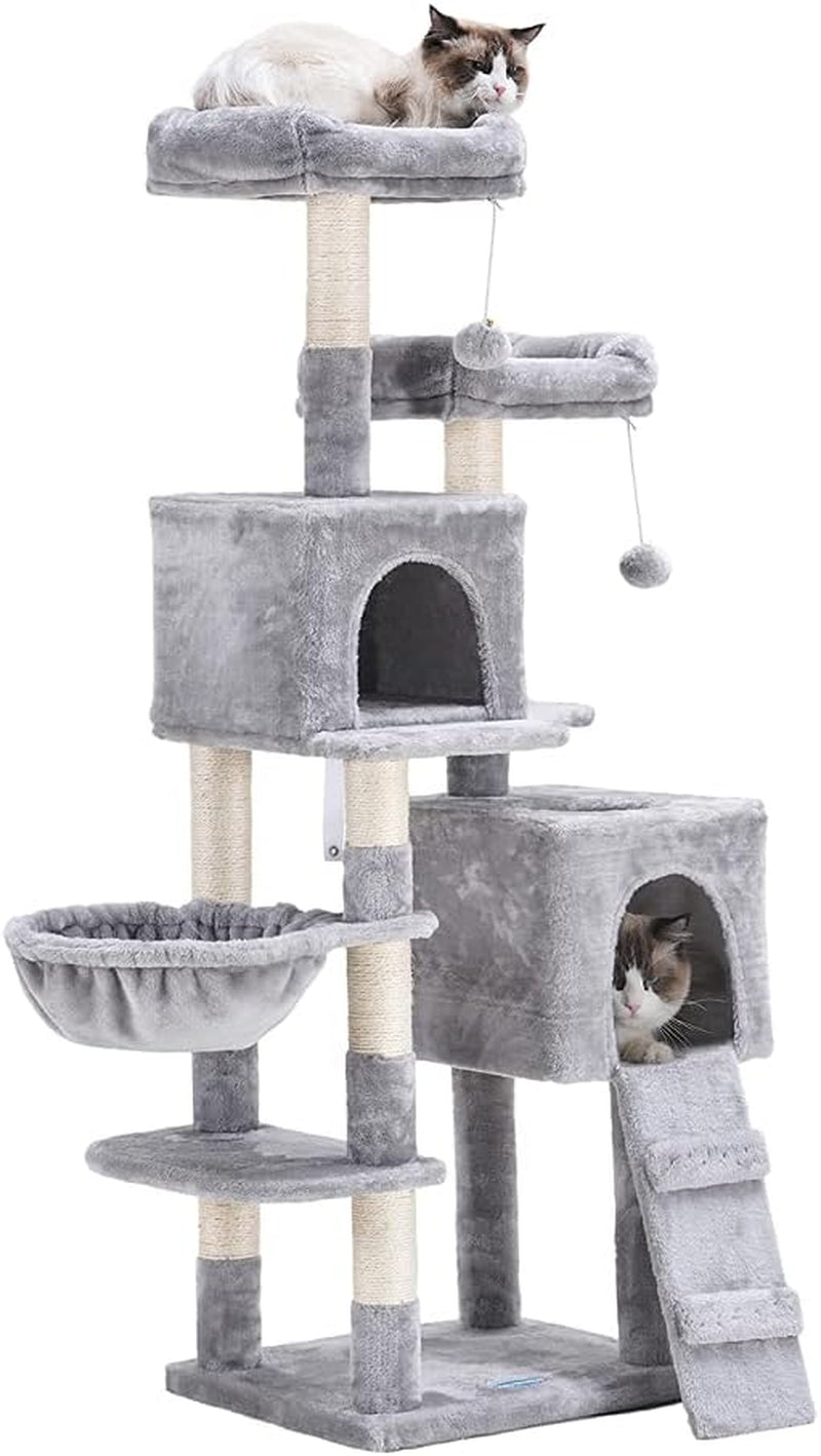 58'' Multi-Level Cat Tree Condo Furniture with Sisal-Covered Scratching Posts, 2 Plush Condos, Hammock for Kittens, Cats and Pets Light Gray MPJ013W